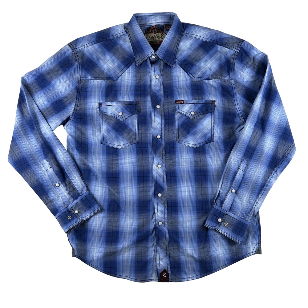 Rafter C Shirt Mens XL Blue Plaid Long Sleeve Western Snap Pockets Rodeo
